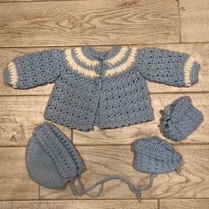 Hand Crocheted Baby Layette Sweater Set, Blue